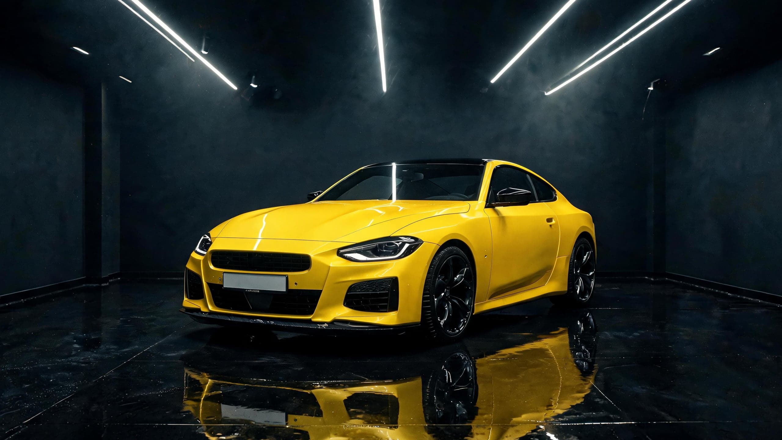 El mismo auto con wrap amarillo satín y espejos negro gloss, generado con IA
