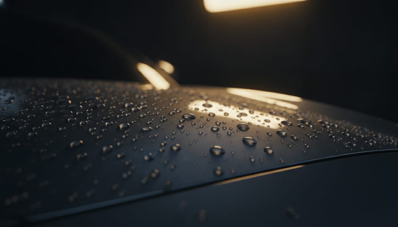 Gotas de agua perfectas sobre pintura con recubrimiento cerámico (ilustración generada con IA)