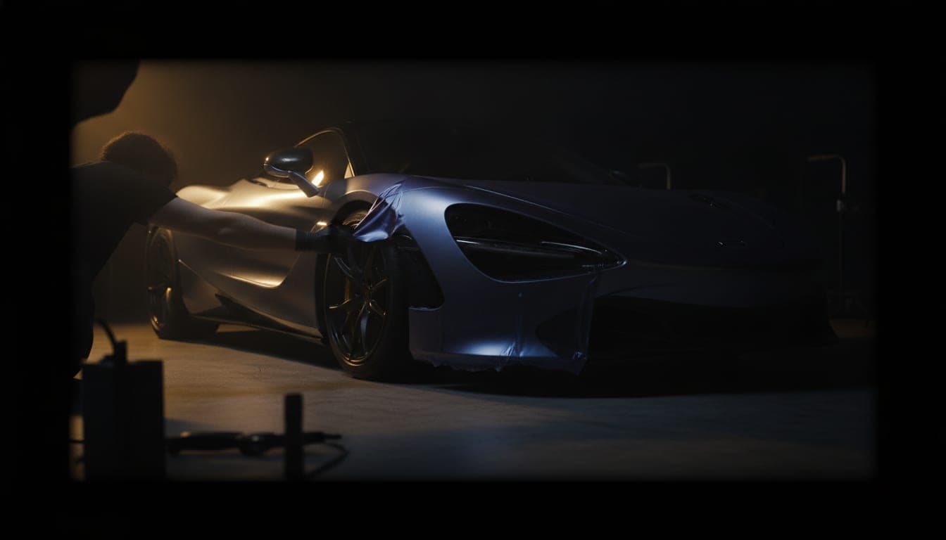 Auto deportivo oscuro recibiendo una película de color con acabado premium y reflejos profundos (ilustración generada con IA)