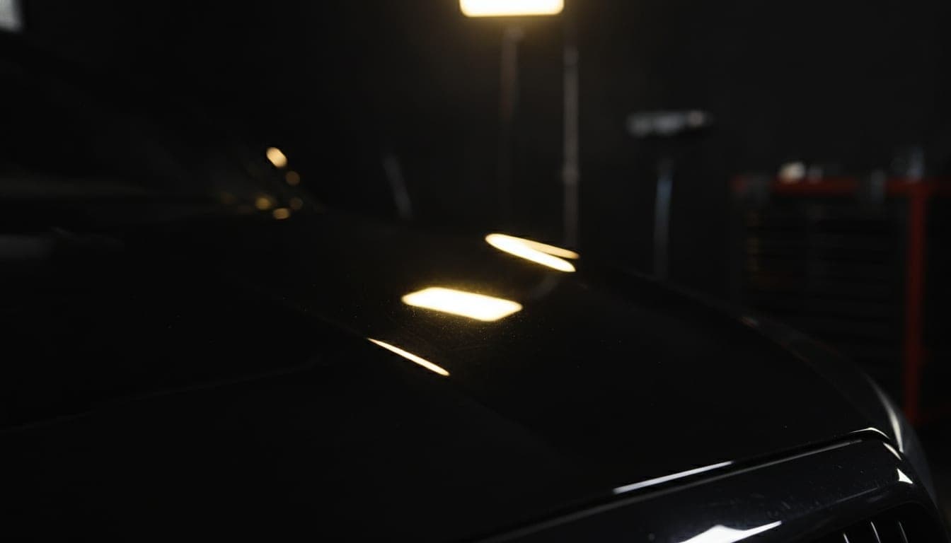 Superficie de auto premium bajo luz de inspección mostrando acabado profundo y sin marcas (ilustración generada con IA)