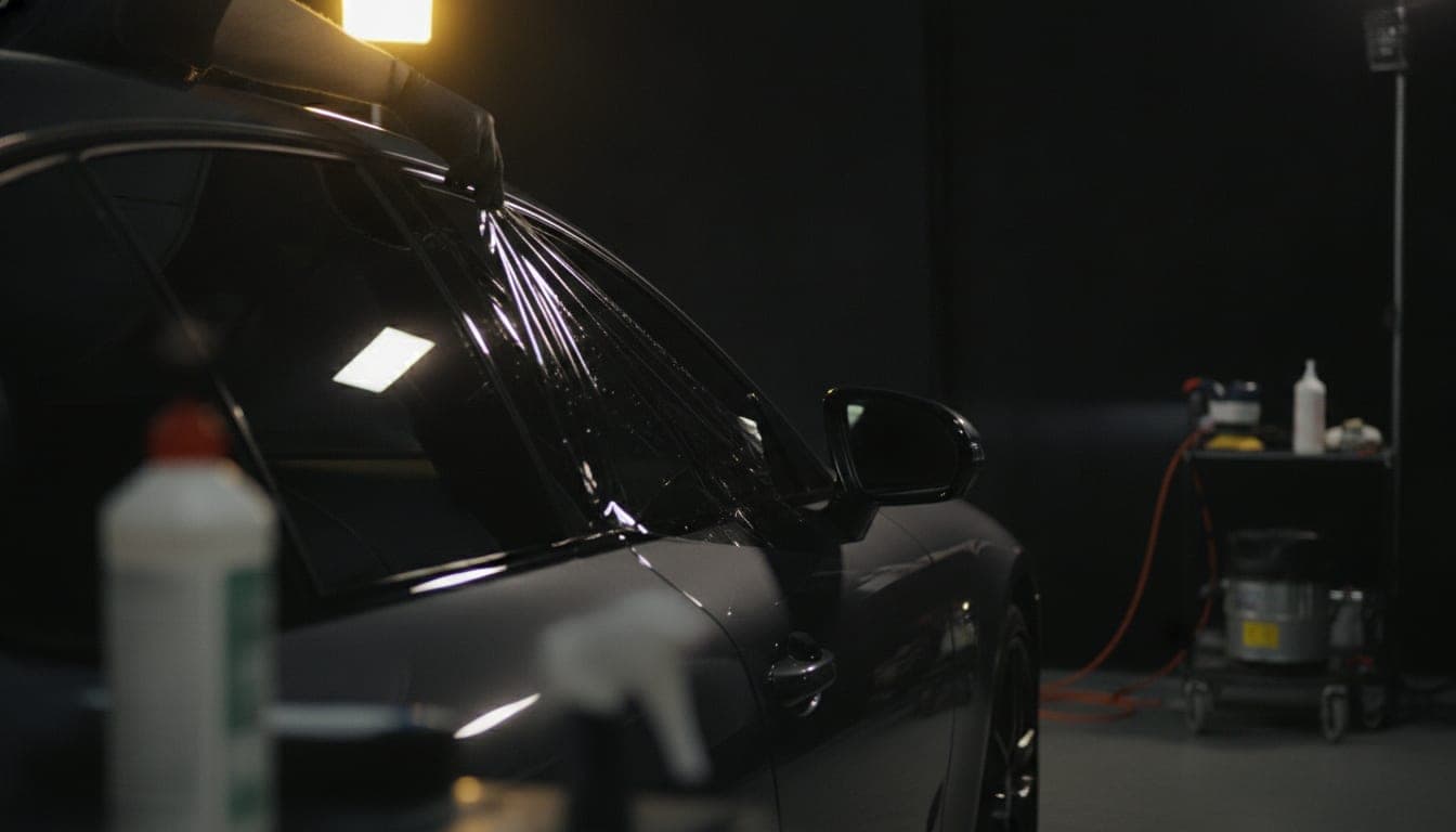 Cristal lateral automotriz con instalación de película bajo iluminación tenue de estudio (ilustración generada con IA)